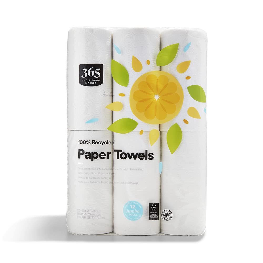 365 by Whole Foods Market 100% Recycled Jumbo Paper Towels - Ultra-Strong, 160 Sheets per Roll, 12 Count - Eco-Friendly,