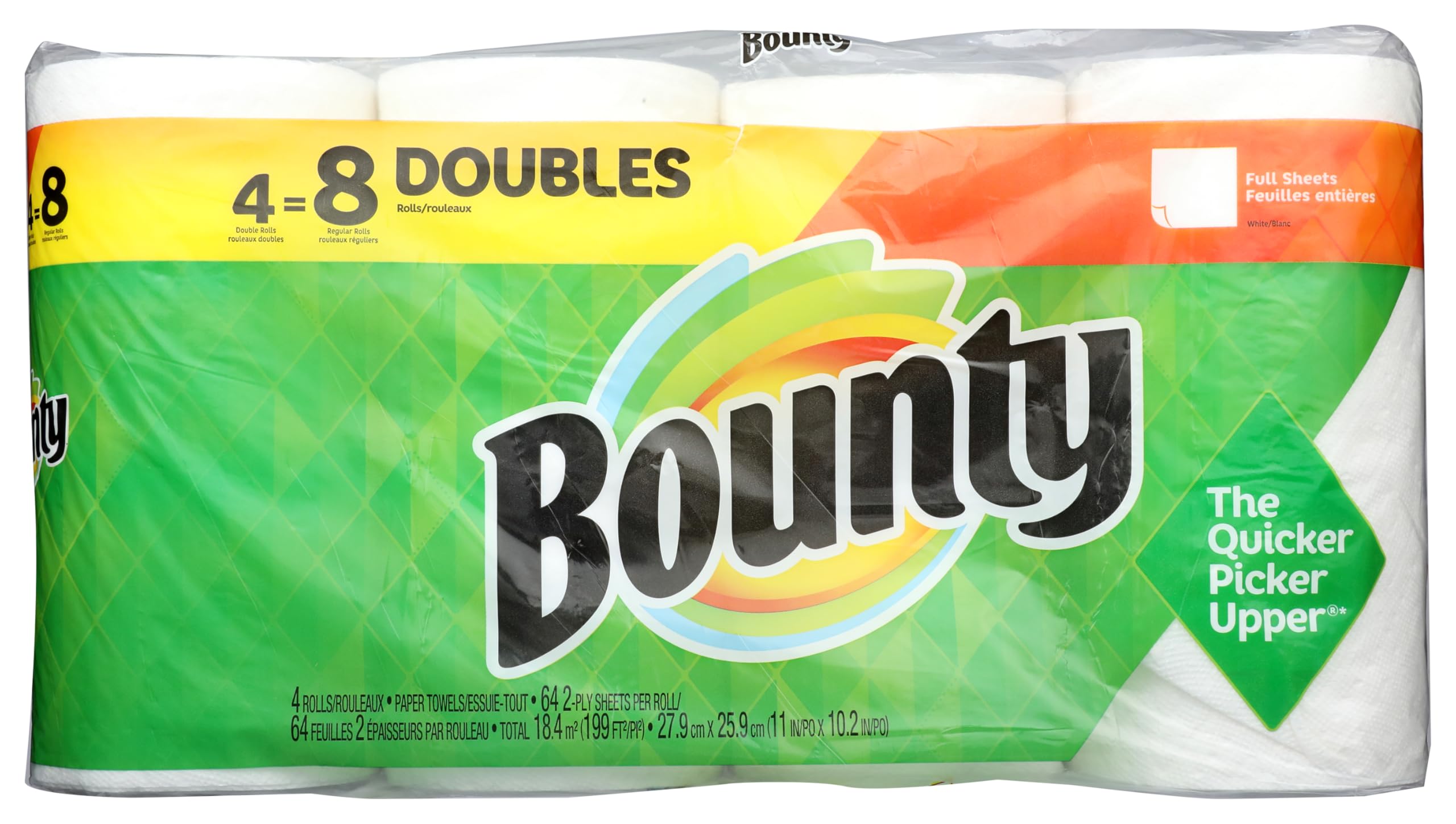 Bounty Whole Double Roll - Bulk Pack, 4 Count for Kitchen Use, Thick & Soft, Family Size