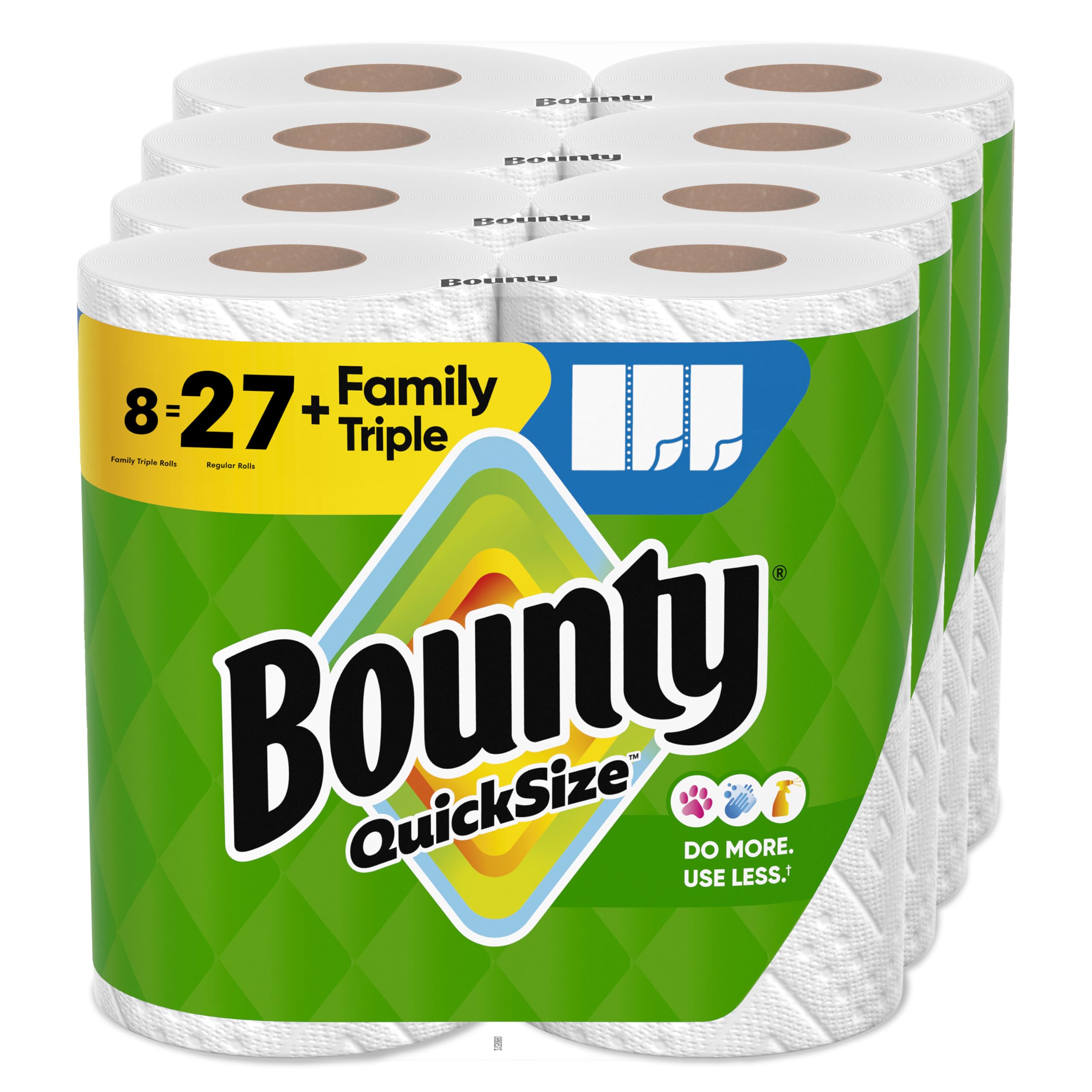 Bounty Quick-Size Paper Towels, White, 8 Family Triple Rolls - Quick & Eco-Friendly Cleaning, Kid & Pet Friendly, Kitche