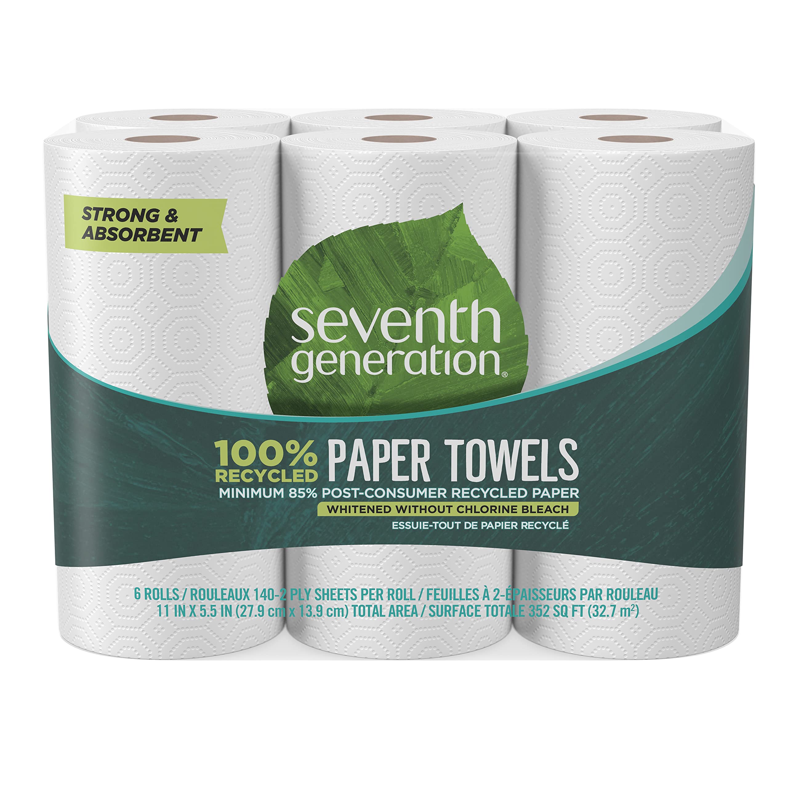 Seventh Generation 100% Recycled Paper Towels - 2 Ply, 140 Sheets, 6 Rolls, Eco-Friendly, Suitable for Kitchen & Bath, D